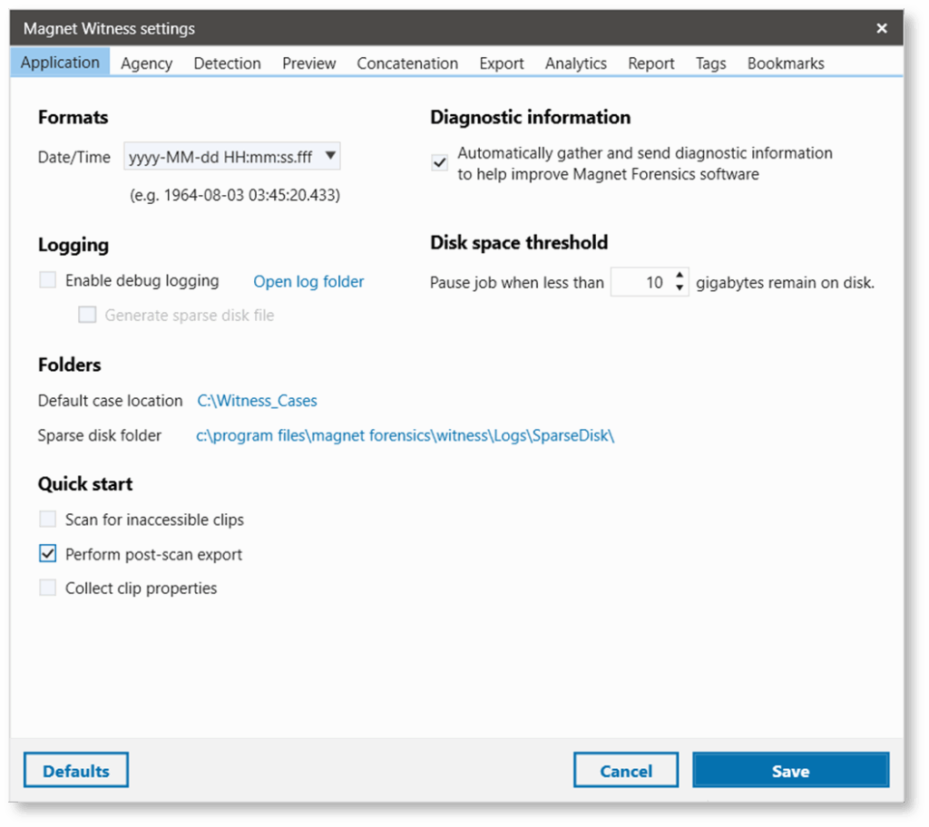 Screenshot of Magnet Witness settings, where you can adjust the Quick Start options.