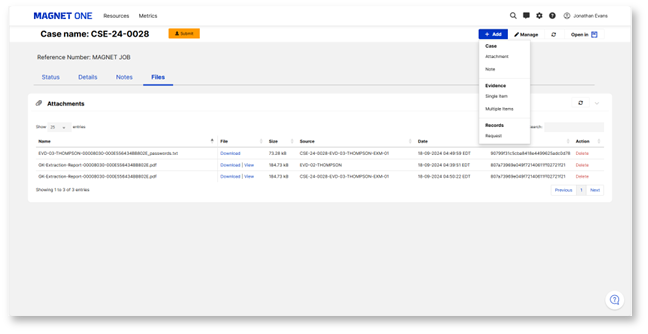 A screenshot of the files tab in the Magnet One case dashboard.